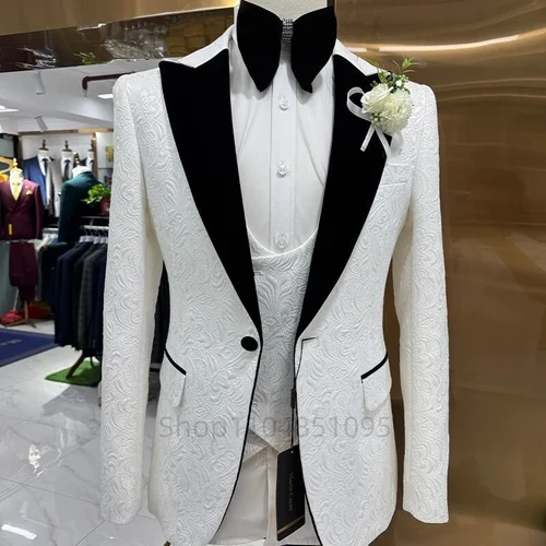 Imagen 2 del producto Trajes de hombre de Jacquard marfil, chaqueta negra con solapa de pico, esmoquin de boda, Terno Masculino, novio de graduación, traje ajustado de 3 uds, conjuntos para hombre