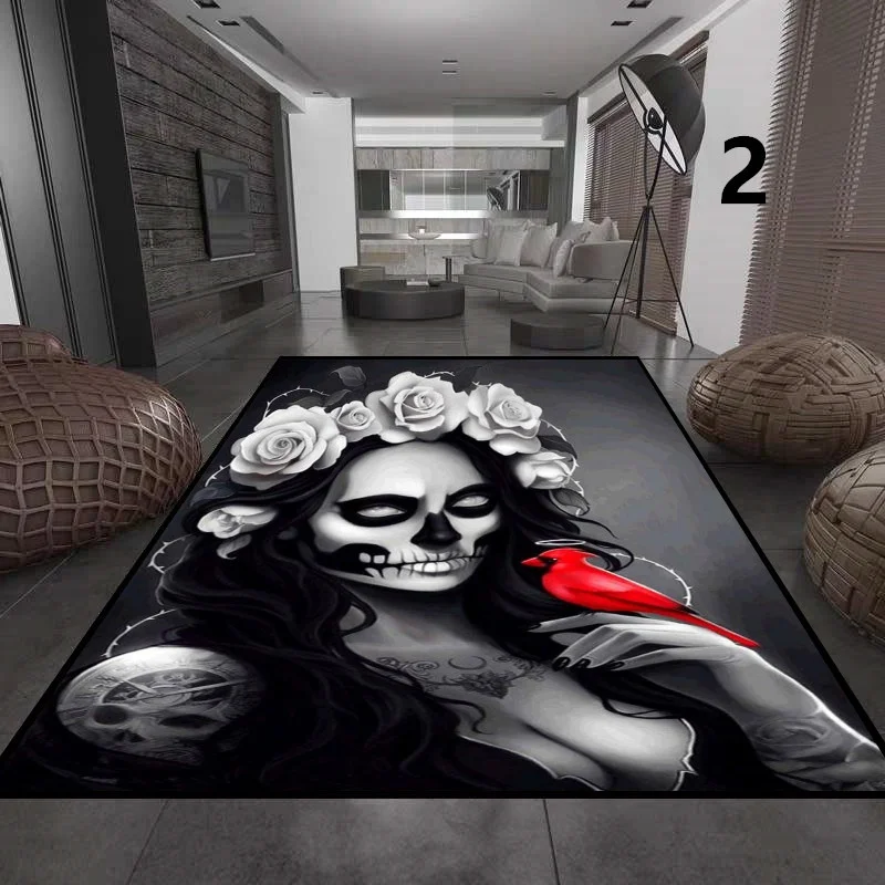 Skull Girl Carpet Living Room Large Area  Flower Black Bathroom Mat Home Decor  Entrance  Door