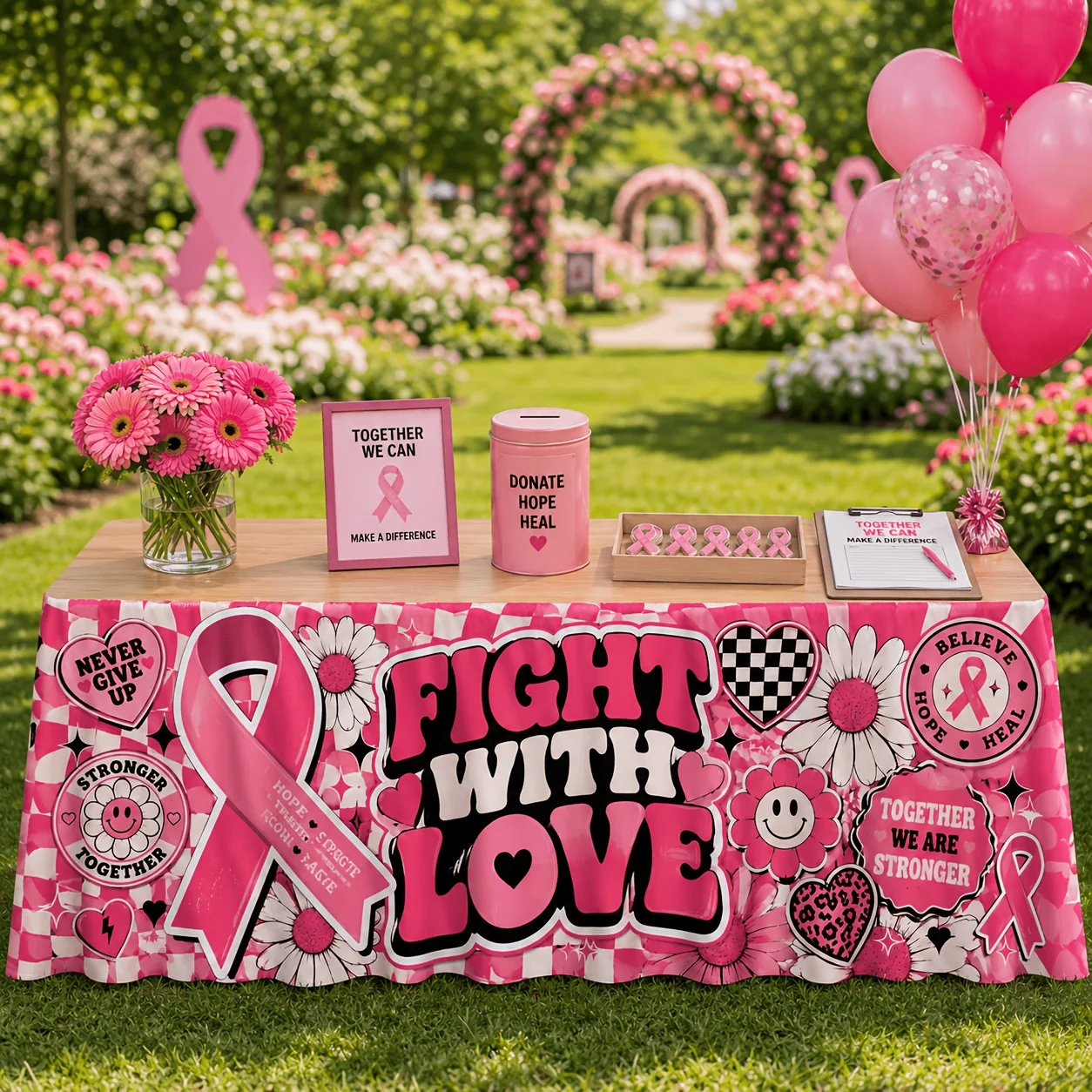 1 tablecloth table skirt, love anti-cancer theme, pink ribbon daisy smiley face plaid love leopard print