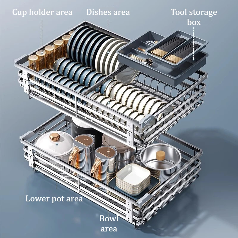 2-Tier Stainless Steel Pull Out Cabinet Organizer Drawer Silent Slide Rail Kitchen Cabinet Storage Plate Bowl Cabinets Storage