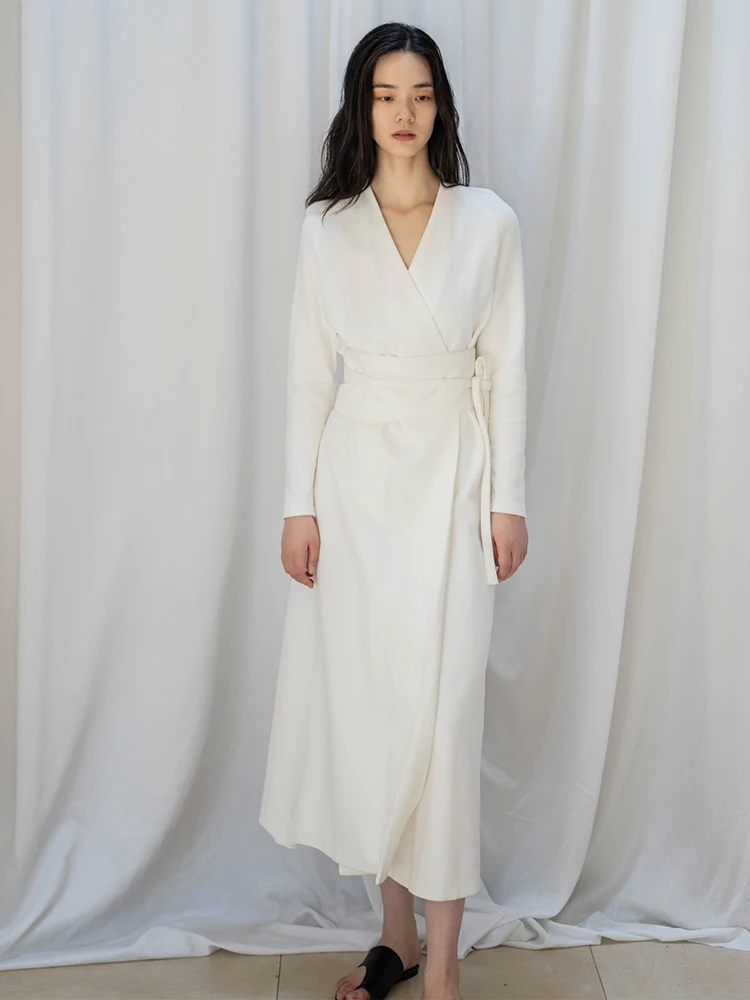 

Ele White Slimming Waist Belt Long Sve Dr Lumbinibi V-ne Spring Summer Autumn Faion Ladies' Dr