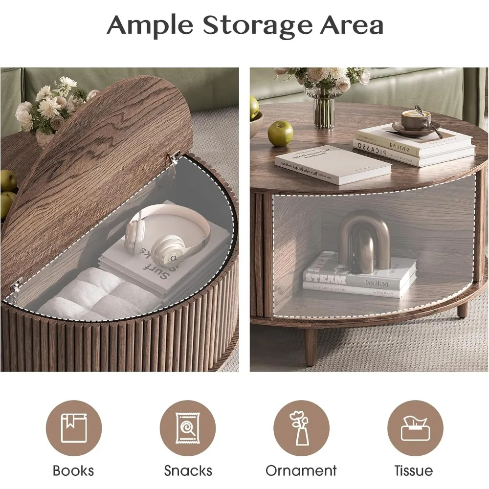 Round Coffee Table with Storage,Fluted Center Table with Sliding Cabinet Door for Living Room,Home Small Space,31.5" Small Table