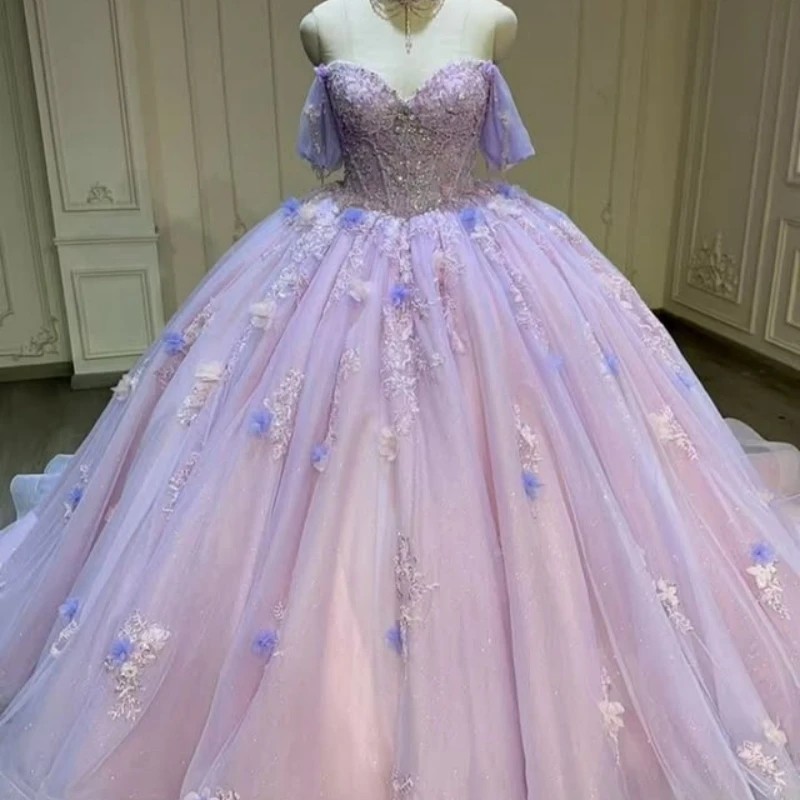 

Pink Shiny Quinceanera Dresses Off The Shoulder Applique Flower Beading Bow Tull Party Birthday Sweet 16 Dress Vestidos De 15