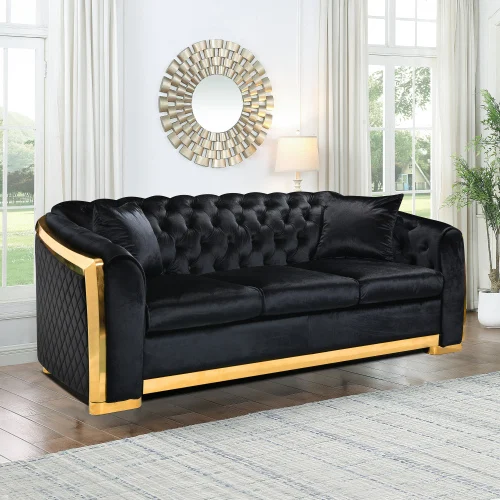 Velvet Luxury Chesterfield Sofa Set, 84 Inches Tufted 3 Seat Couch with Gold Stainless for Living Room