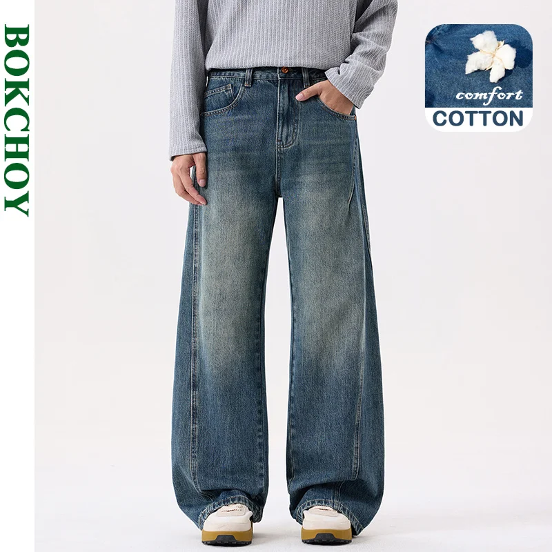 2026 Autumn New Cotton Straight Wide Leg Loose Jeans for Men Clothing Vintage Washed Comfort Male Pants AG7540