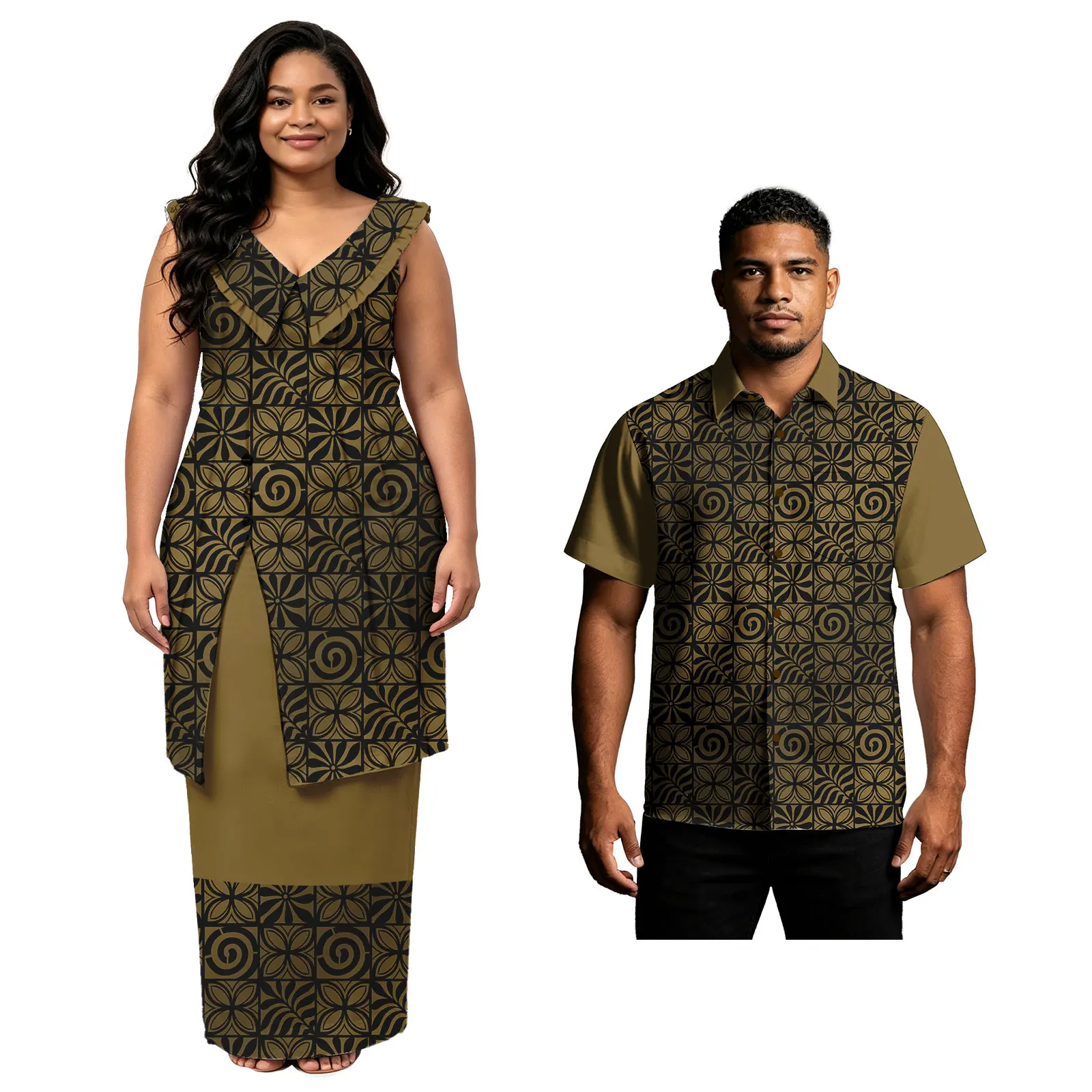 High Quality Floral Print Formal Church Women V-Neck Slit Design Samoan Puletasi Polynesia Men Aloha Shirts Boutique Couple Suit
