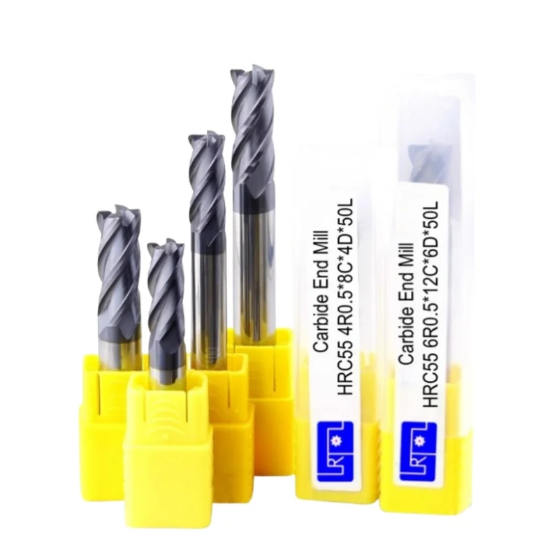 Hrc55 4R0.5-12R1 * L75 100 150 Mm Karbida 4 Seruling Radius Sudut Akhir Mill CNC Spiral Router Bit Alat Penggilingan
