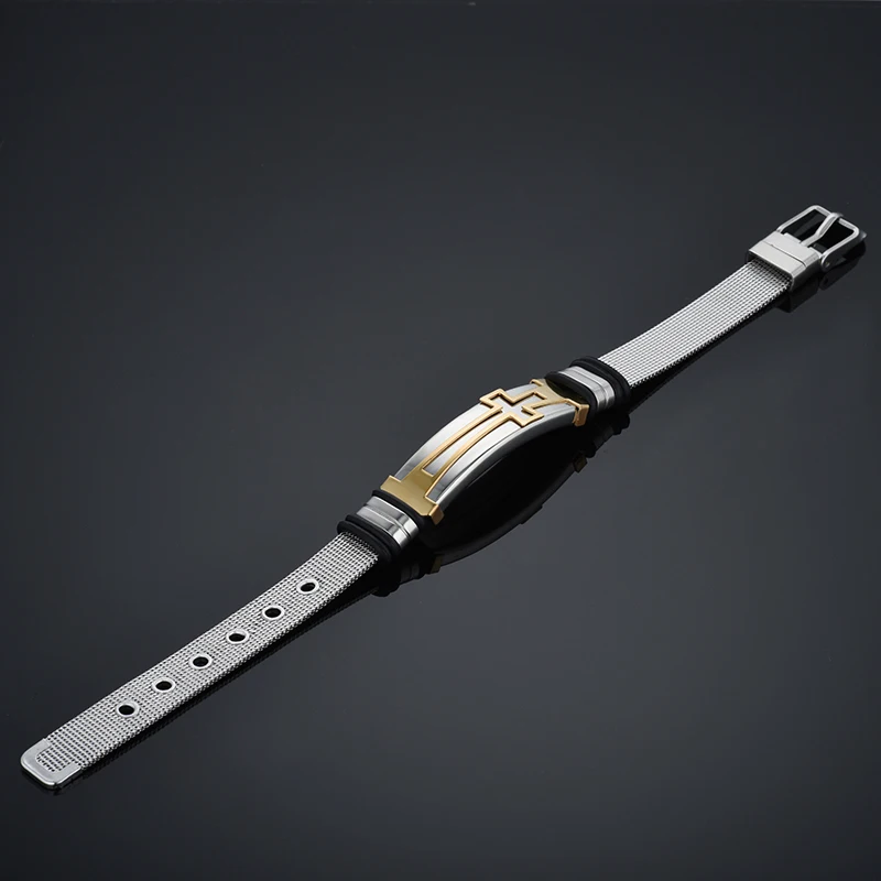 

New Black Jesus Cross Men Chain Bracelets Stainless Steel Male Silver Plated Belt Chain ID Bracelet For Men Women Jewelry