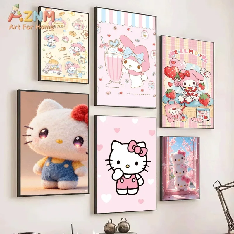 My Melody Hello Kitty Canvas Poster Cute Sanrio Cartoon Print Unframed Canvas Art Bakery Food Strawberry Milkshake Sweet Kawaii