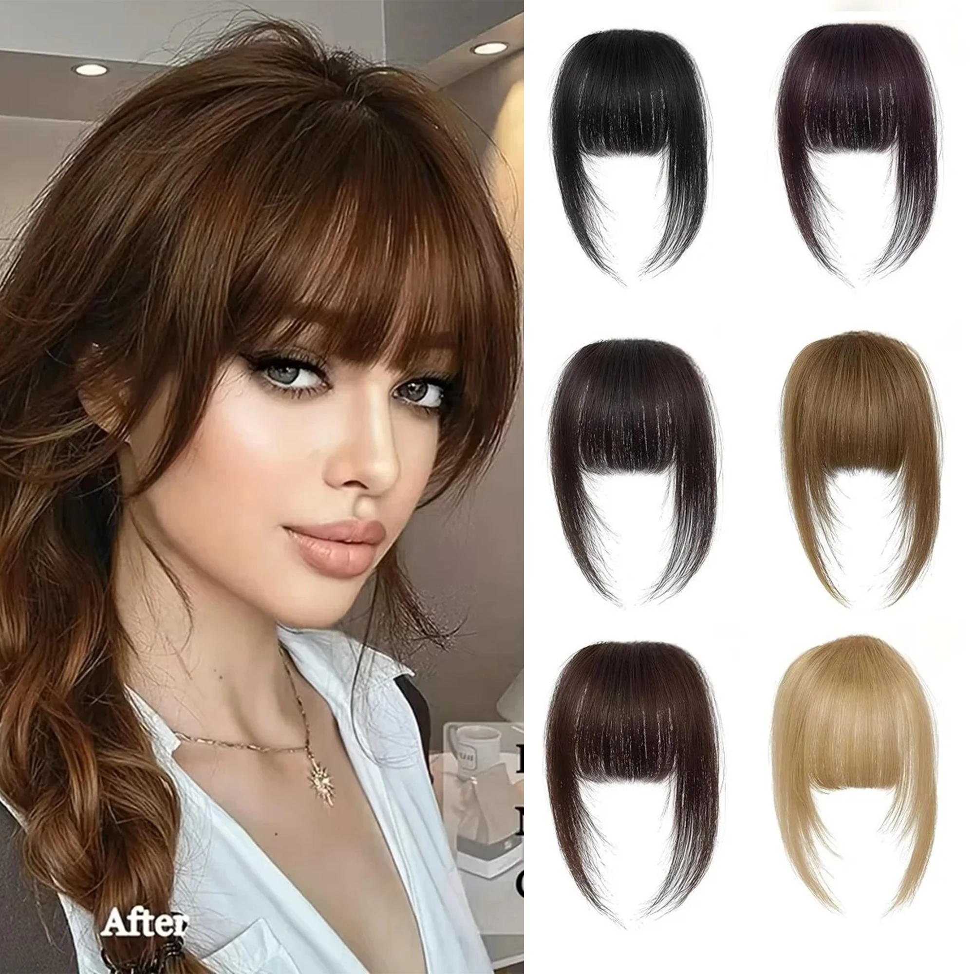 Flequillo de Cabello Humano 100% Natural Marrón con Flequillo de Puntas Finas y Patillas, Postizo con Clip para Mujer, Flequillo de Aire con Clip de 4.5 pulgadas