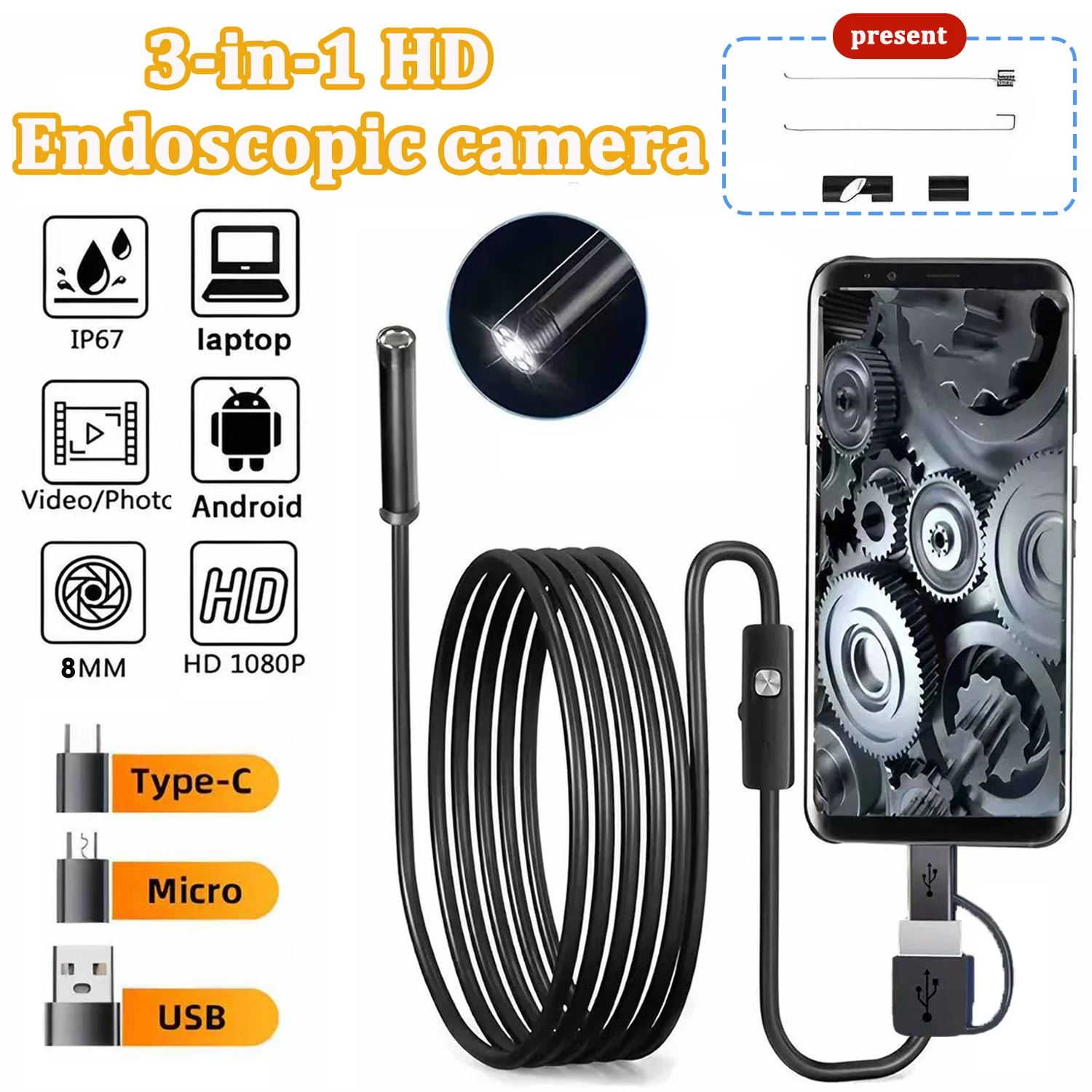 

Эндоскопическая камера 8 мм Миниатюрная инспекционная камера 3-в-1 подходит для проверки водонепроницаемых труб промышленных транспортных средств.