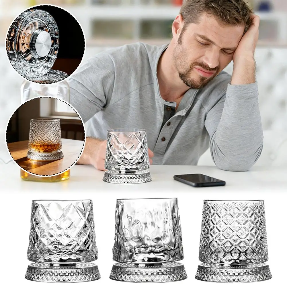 Elegante Vaso de Licor Giratorio de 280 ml, Vaso de Whisky con Base de Cristal, Diseño de Diamantes, Flores de Hielo y Burbujas, Vaso Giratorio para Bar en Casa