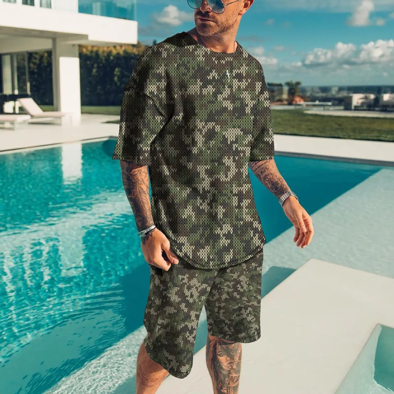 New Men\'s Green Camouflage T-shirts Shorts Set 3D Print Short Sleeve Tee Beach Shorts 2 Pcs Set Summer Oversized Tracksuit Suits