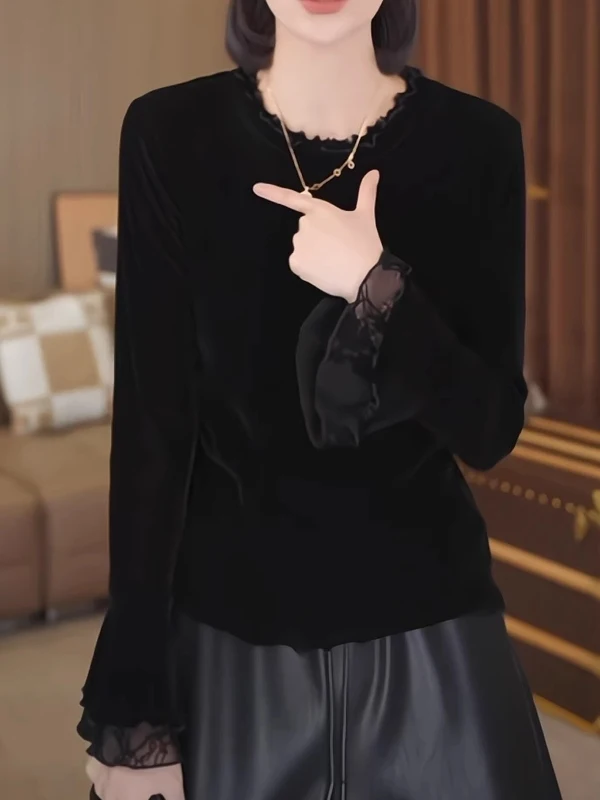 

Velvet Long Sve irt Women's Spring 2026 plus Size Slimming Top Lace Cuff Korean Sle Commute Faion Elely Casual