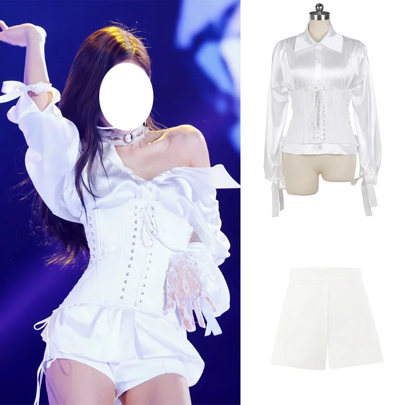 

White Shirt Girdle High Waist Shorts Women'S Group Dance Costumes Jazz Performance Clothes Hip Hop Festival Outfit XS4353