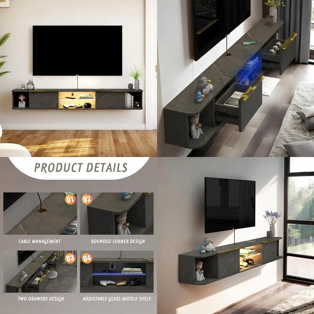 

Modern LED-Illuminated 75-Inch Floating TV Stand with Two Drawers and 70-Inch Console for Entertainment Center