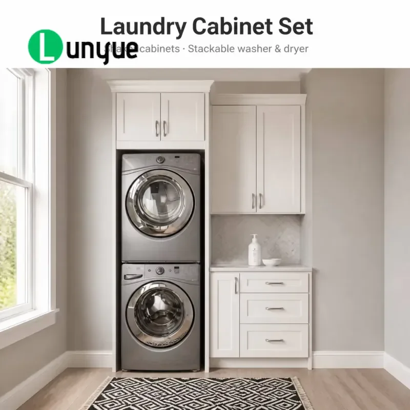 Modern White Swing Laundry Cabinet with Drawers Countertop Backsplash for Stacked Washer Dryer Storage Unit Bathroom