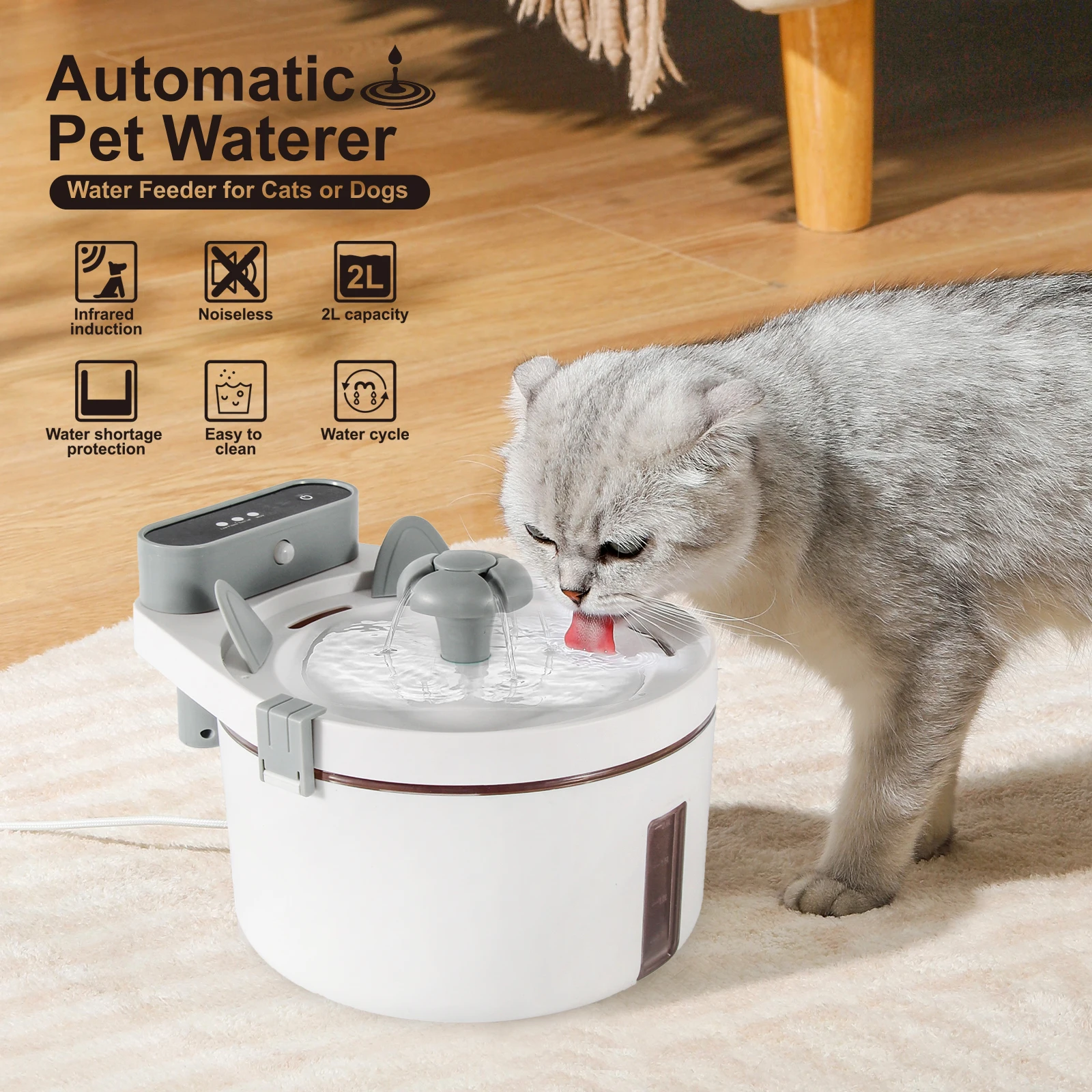 Cat Water Fountain with Motion Sensor 2L Large Capacity Pet Water Fountain for Cats & Dogs with Motion Sensor, Ultra Quiet Pump