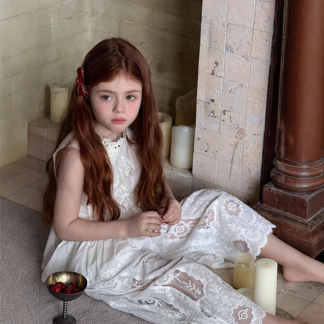 Girls Set Cotton Lace Stand Up Collar Top Wide Leg Pants 2025 Summer Outfit New Girls Sleeveless Lace Two Piece Set