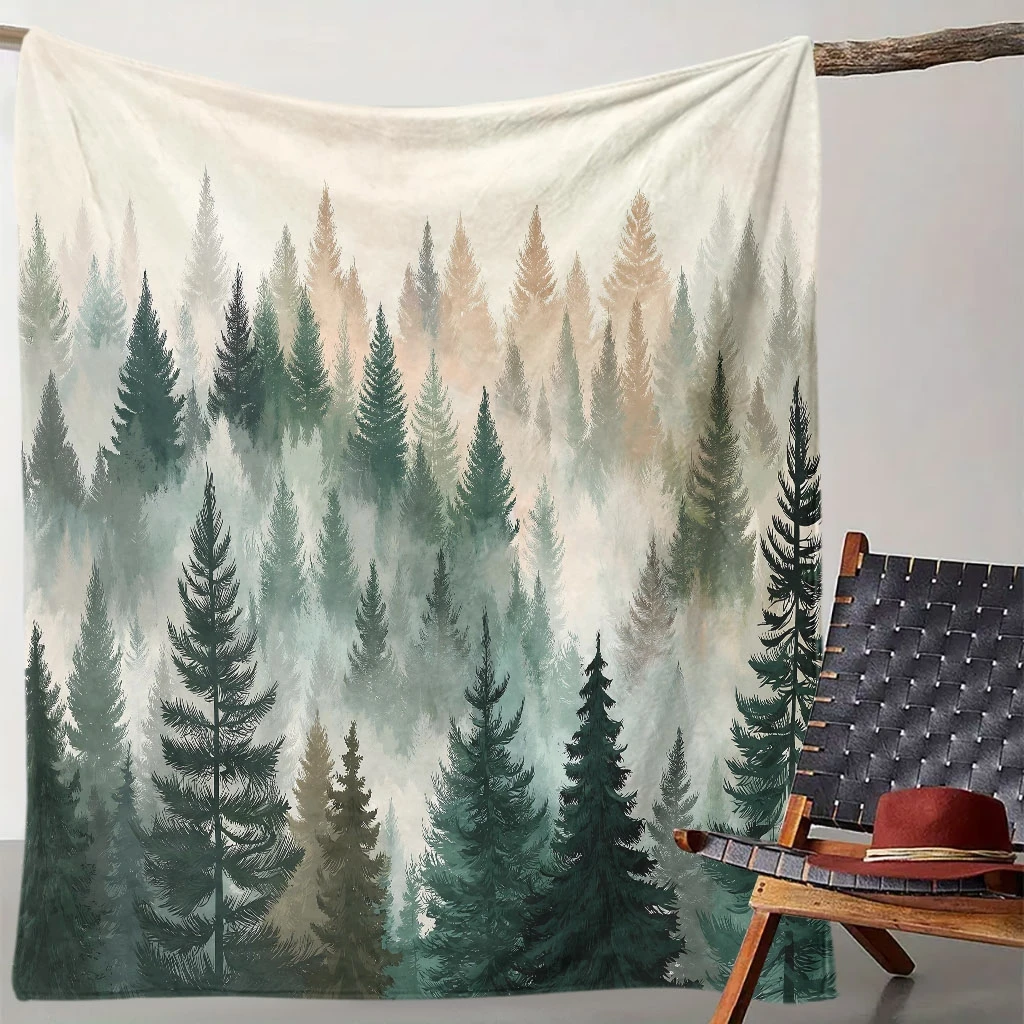 1pc Forest Morning Mist Digital Print Blanket, Suitable for All Seasons, Sofa Throw, Soft and Comfortable 100% Polyester Fiber,