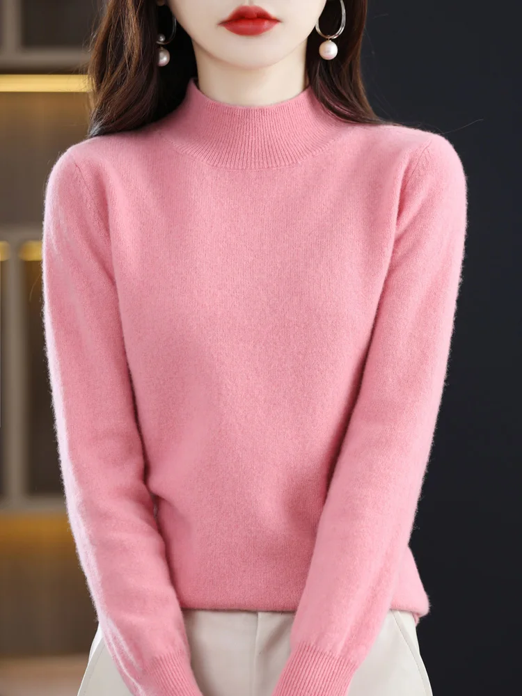 Autumn Winter Women Sweater Mock Neck 100% Merino Wool Solid Basic Pullover Cashmere Knitwear Female Clothing New Fashion Tops