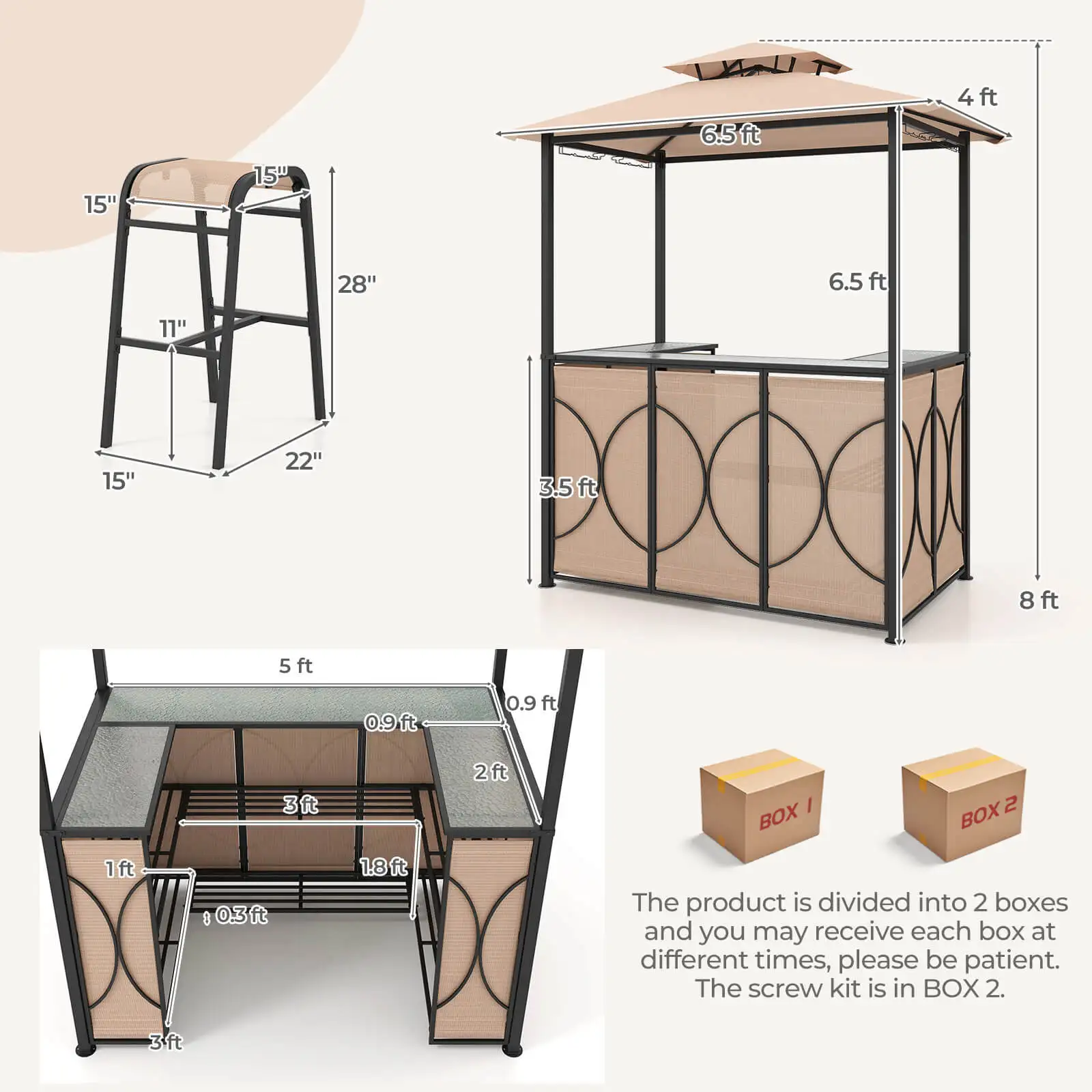 3 Stuks Patio Bar Set Met Gehard Glas Bar Tafel Metalen Opslag Planken Voor Tuin Bruin