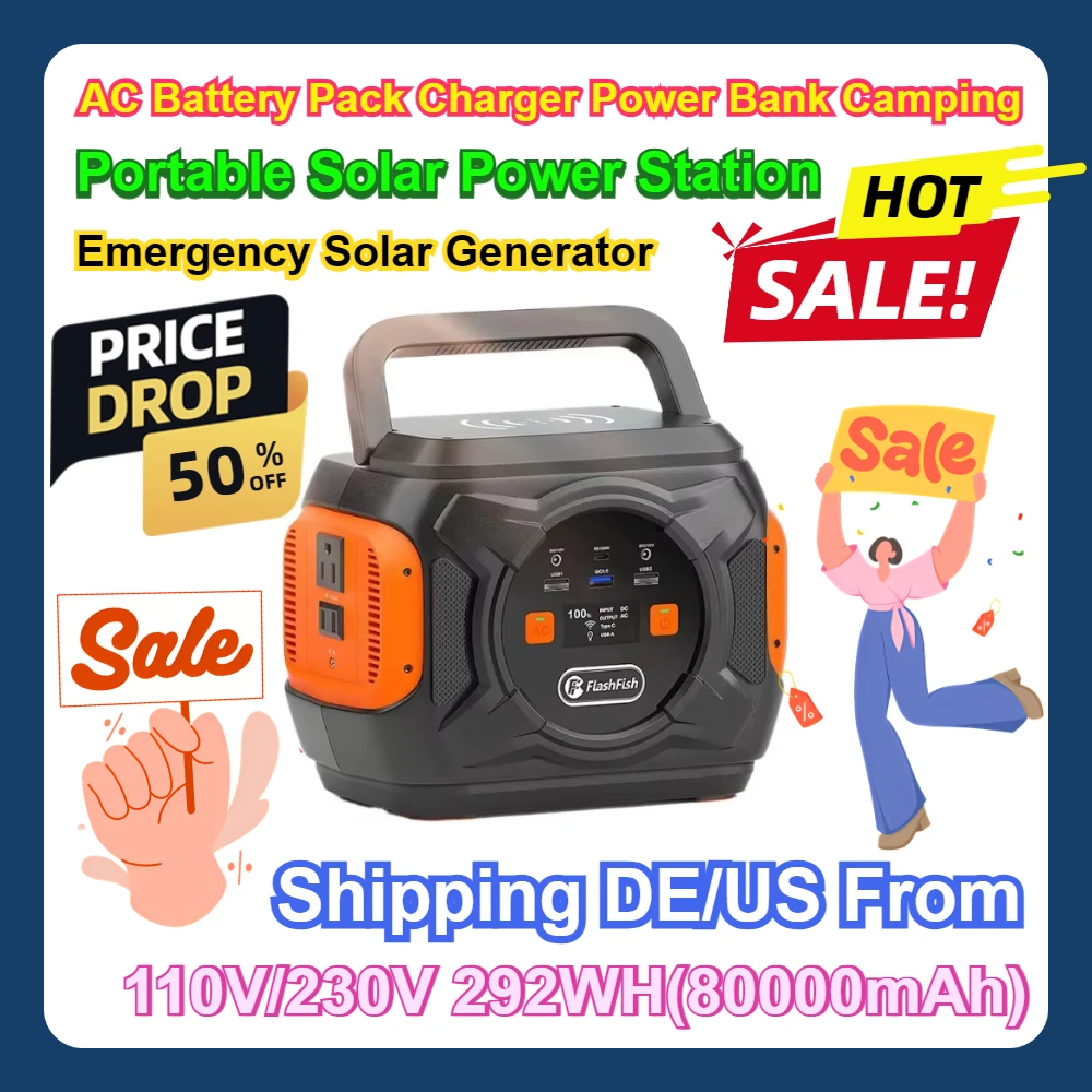 

AC Battery Pack Charger Power Bank Camping 110V/230V Portable Solar Power Station 320W Emergency Solar Generator 292WH(80000mAh)