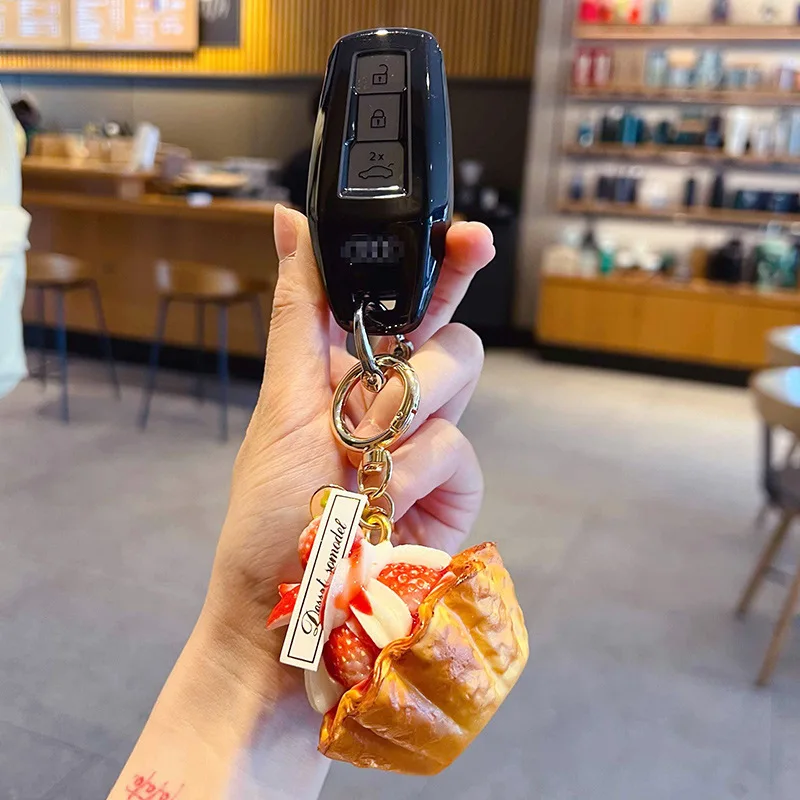 Creative PU Strawberry Egg Tart Keychain Realistic Dessert Bag Charm Ice Cream Key Ring Backpack Pendant Car Accessory Gift view 2