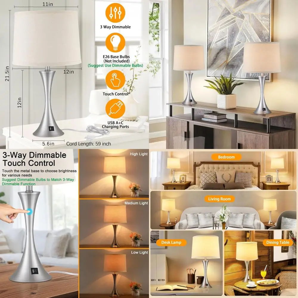 

Set of 2 3-Way Touch Dimmable Bedside Lamps with USB Charging Ports, Linen Shade for Bedrooms, Nickel Finish