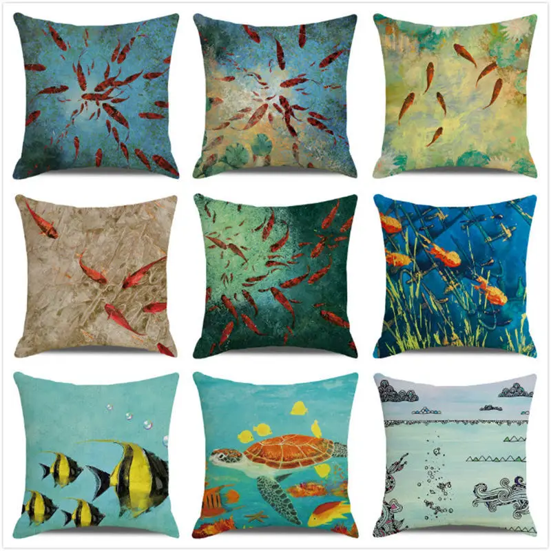 Watercolor cartoon of shark in the ocean Digital printing short plush pillow covers for car sofa office cushion cover home goods