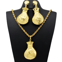 Necklace Italian Jewelry Set Dollor Lucky Money Bag Pendant Earrings African Dubai 24K Gold Plated Wedding Jewellery Gifts
