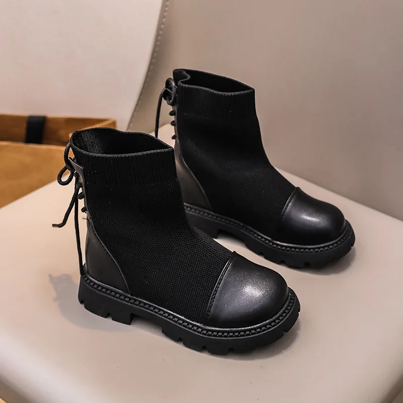 Girls Classic Ankle Boots Spring Autumn Fashion Kids Platform Leather Boots Patchwork Versatile Children's Black School Boots