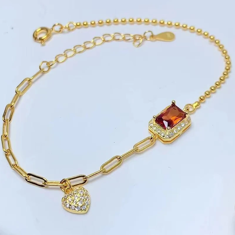 

Solid 925 Silver Bracelet for Vacation 4mm*6mm 0.55ct Natural Fanta Garnet Bracelet with 3 Layers 18K Gold Plated Jewelry