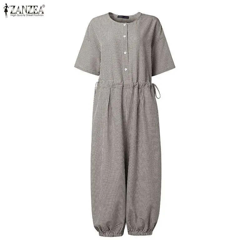 

2026 Women Jumpsuits ZANZEA Summer Plaid Rompers Fashion O Neck Half Sleeve Baggy Work Playsuits Casual Loose Wide Leg Trousers