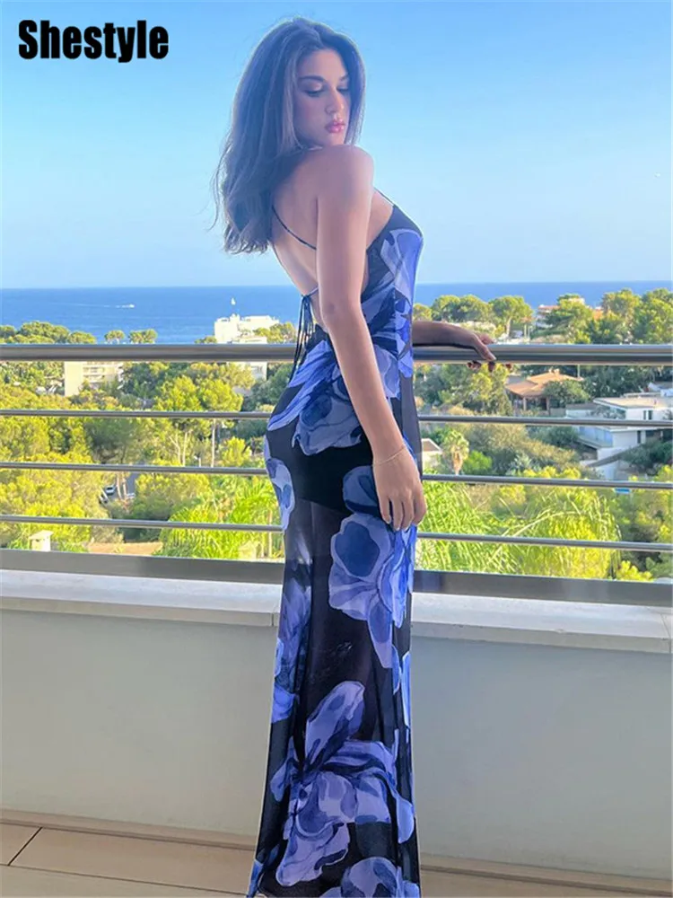 Shestyle الأزرق زهرة فستان طويل ملابس للنساء عارية الذراعين طبقة مزدوجة شبكة السباغيتي حزام ضمادة مرنة بلا أكمام الزي