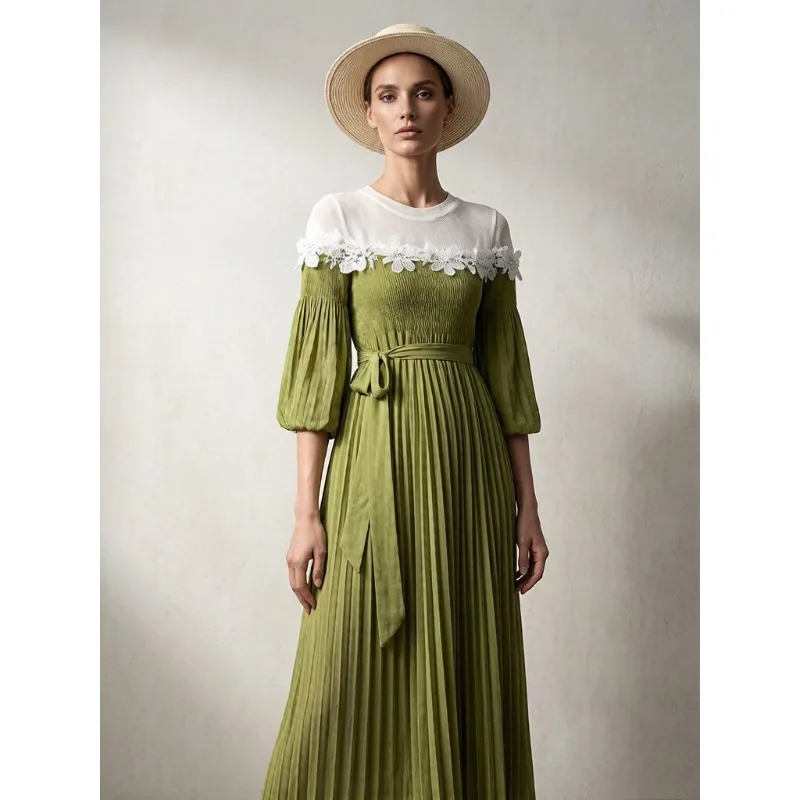 

Плиссированное платье Miyake с элементами пэчворка, летнее платье 2026, новая модная модель с кружевными складками, юбка с эффектом утончения талии, элегантное плиссированное платье