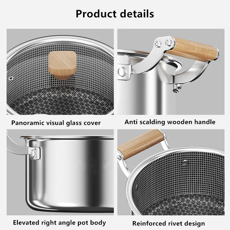 Stainless Steel Soup Pot Wok Hot Pot Honeycomb Non-stick Pot with lid Home Induction Cooker Gas Stove Universal Frying Pan
