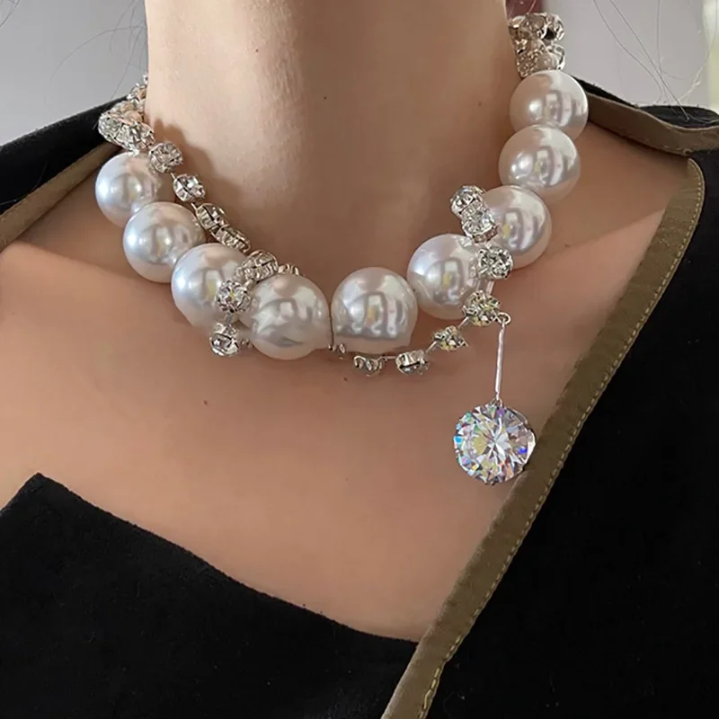 Luxury Punk Style Cubic Zirconia Beaded Necklace Exaggerated Pearl Necklaces Women\'s Delicate Jewellery Exquisite Trendy Jewelry