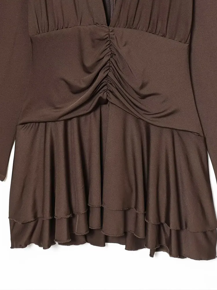 TFAFXY فساتين راقية نسائية 2025 خريف جديد الصلبة مطوي فستان بكم طويل المرأة هايت فستان حفلة الشارع