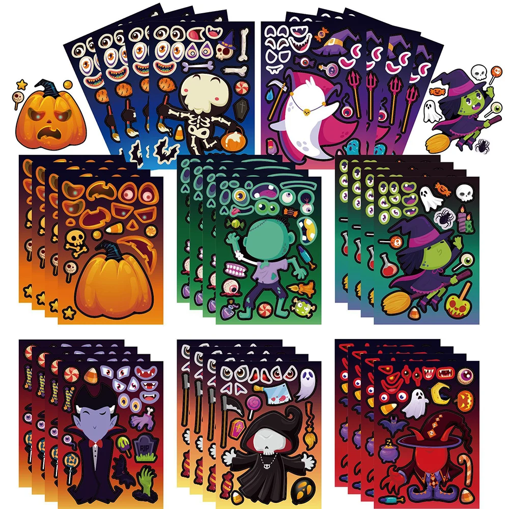 

8/16Sheets Make-a-Face Halloween Stickers Gothic Puzzle Games Kids Create Your Own Ghost Witch DIY Assemble Jigsaw Children Toys