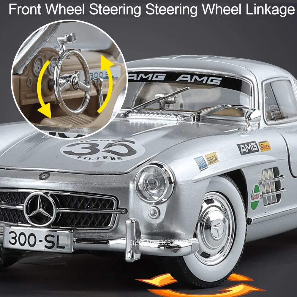 1/24 300SL Vintage Car Model Toys Alloy Diecast Printed Version 4 Doors Opened Rubber Tires Sound Light Pull Back Toy Kids Gifts