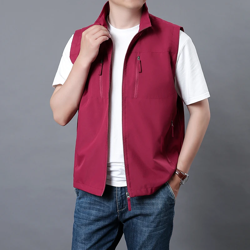 

New Red Vest Men's Spring Autumn Jacket Quick Drying Stand Collar Workwear Vest Outdoor Camry Shoulder Casual Multi Pocket Vest