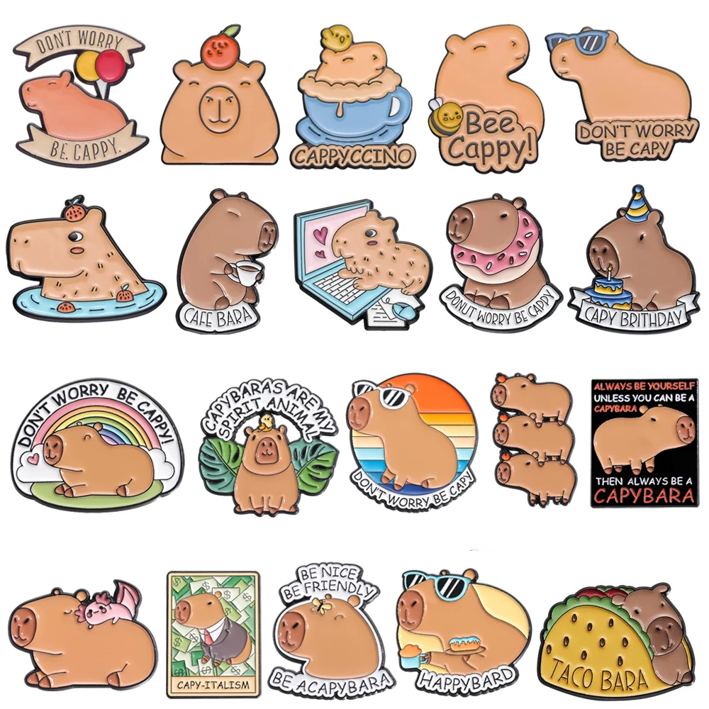 Carino Capybara Spilla Be Happy Bagno Caffè Capybara Computer Pistola Uccello Hamburger Ciambella Torta Capybara Distintivo in metallo Punk Spilli Gioielli