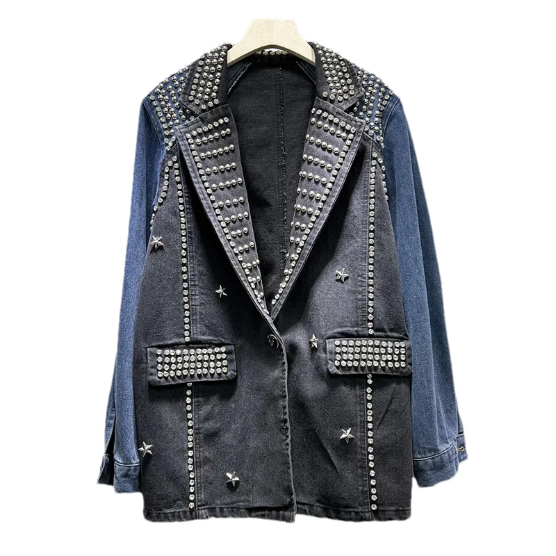 Rivet Diamonds Denim Spliced Blazer Coat Women Cowboy Outerwear Vintage Contrast Color Mid Long Jeans Patchwork Jacket Female