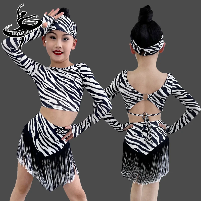 

Комплект для латиноамериканских танцев для детей: платье с бахромой, топ с длинным рукавом и принтом зебры, 3 предмета