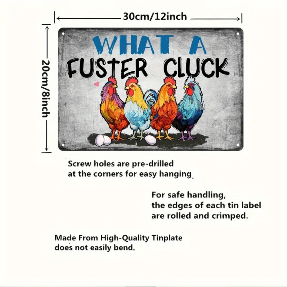 علامة الديك What a Fuster Cluck - ديكور حائط معدني ريفي مقاس 8 × 12 بوصة مع تصميم الديك الملون والفرخ، بيت المزرعة العتيق