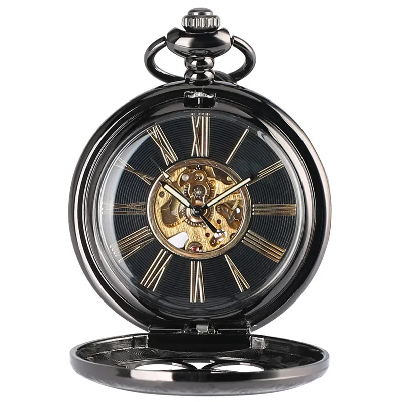 Retro Black Hollow Flower Cover Pocket Watch Mechanical Handwinding Clock Roman Numeral Dial with Pendant Chain for Men Women