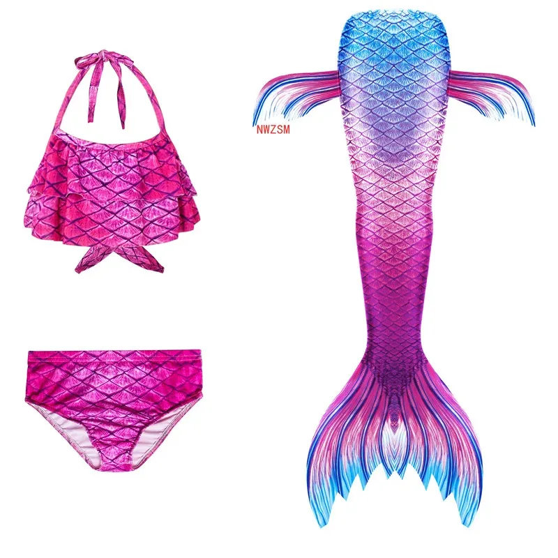 3pcs Kids Mermaid Tail for Girls Swimsuit Children The Little Mermaid Costume Beach Bikini Bathing Suit for Swimming No Flippers