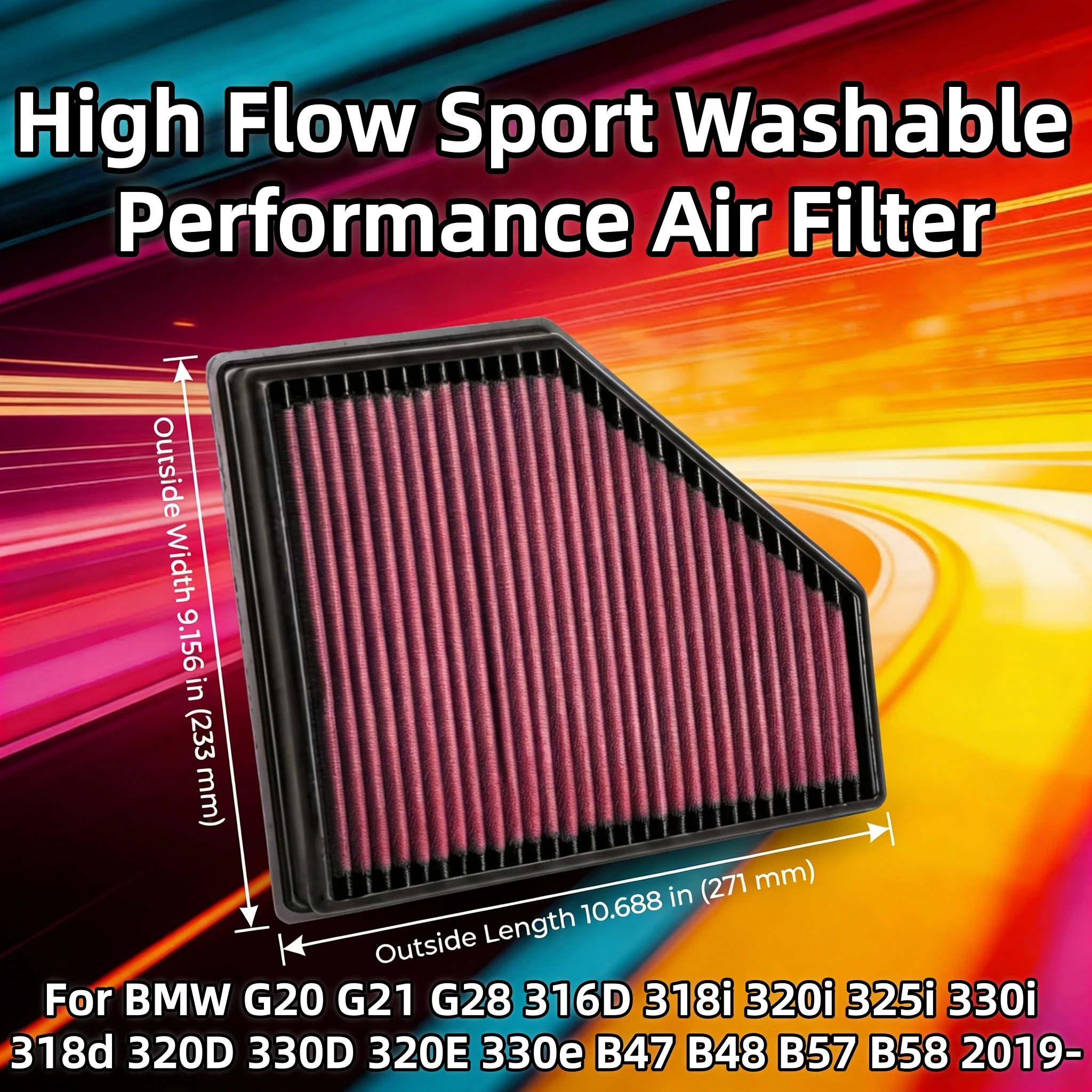 

For BMW G20 G21 G28 316D 318i 320i 325i 330i 318d 320D 330D 320E 330e B47 B48 B57 B58 2019- High Flow Sport Washable Air Filter