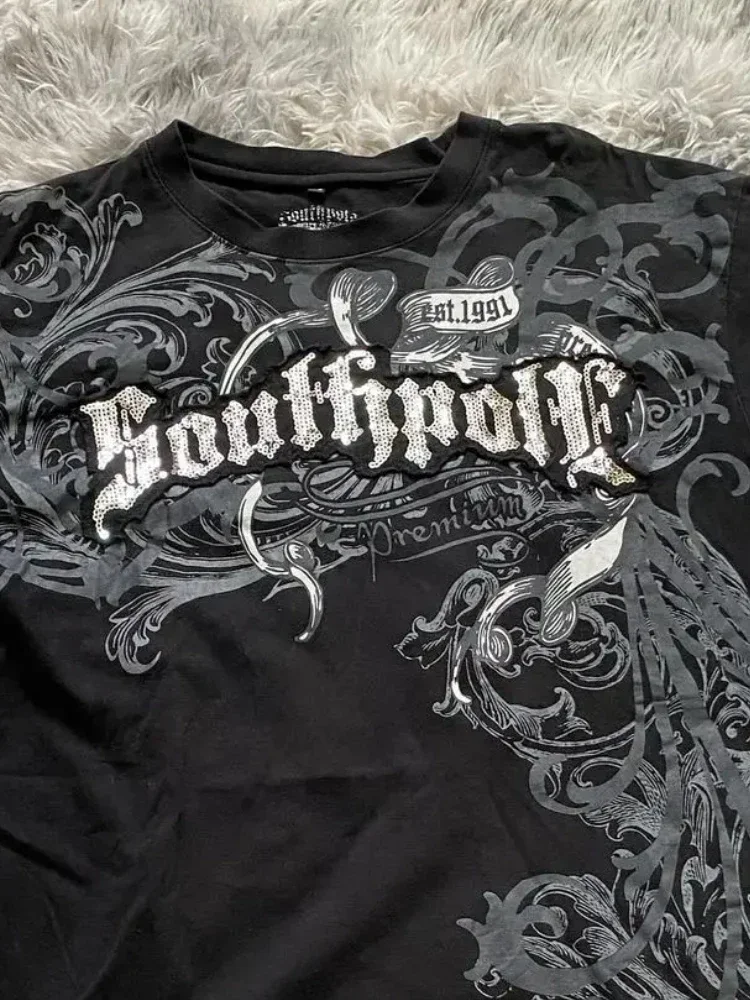 High Street Southpole-Camiseta de manga corta con estampado gráfico Y2K para mujer, Tops de manga corta de algodón con cuello redondo gótico Harajuku